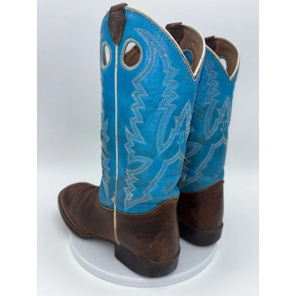 JUSTIN Kids Cowboy Boot Western Little Boy Youth 2 Brown Blue Leather Square Toe